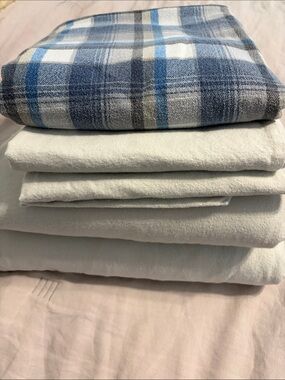 Classic King Flannel Sheet light grey flat fitted 2 shams + 2 Eddie Bauer Plaid